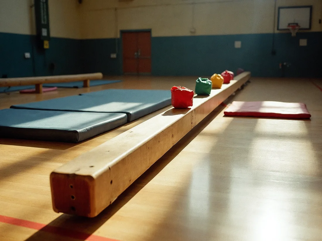 Schwebebalken mit bunten Bohnensäckchen, aufgebaut für das Kindertraining